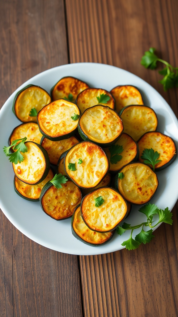 A plate of baked zucchini slices garnished with parsley and sprinkled with parmesan cheese.